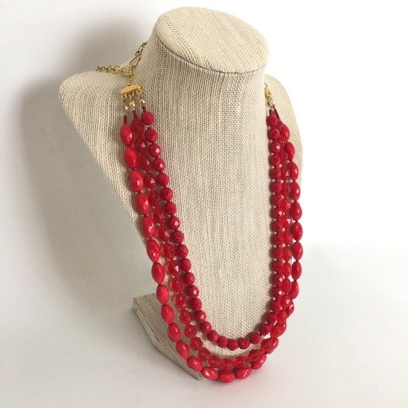 Vintage 3 Strand Red Glass Beaded Necklace Mid Century Estate Costume Jewelry - Picture 5 of 11